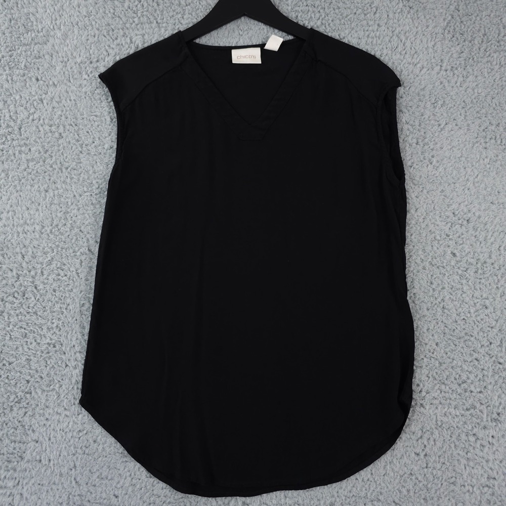 Chicos Shirt Womens 00 US XS Black V Neck Sleeveless Cap Sleeve Lightweight Top